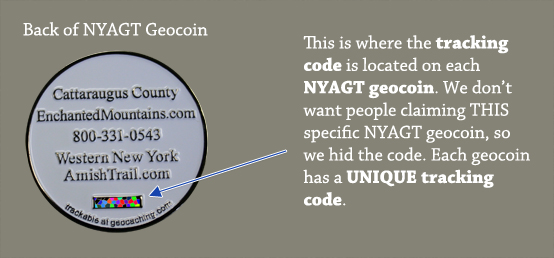 Back of NYAGT Geocoin: This is where the tracking code is located on each NYAGT geocoin. We don’t want people claiming THIS specific NYAGT geocoin, so we hid the code. Each geocoin has a UNIQUE tracking code.