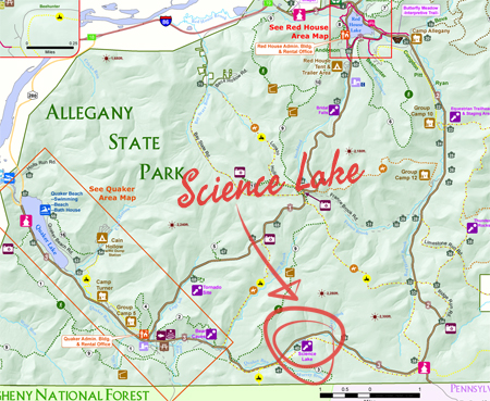 Map showing where Science Lake is located in Allegany State Park